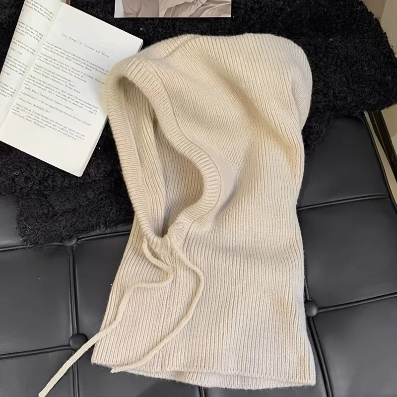 Gebreide muts uit één stuk Nekbescherming, warmte, windbestendigheid Multifunctionele warme muts met trekkoord, je kunt het touw binden