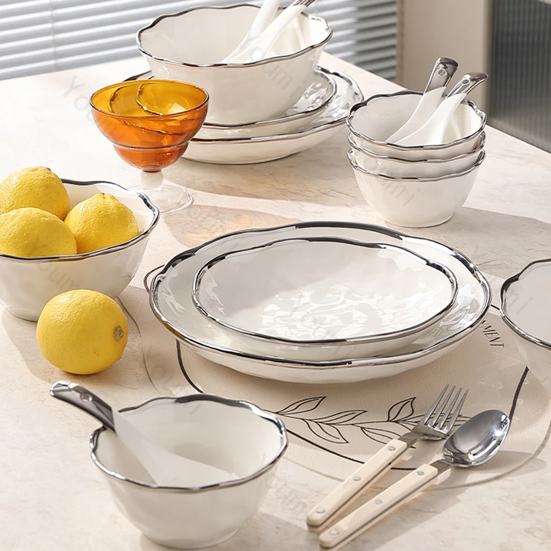 Creative Silver Edge Ceramic Plates Light Luxury Restaurant Soup Bowls Plate Set Delicious Dishes Exquisite Household Tableware