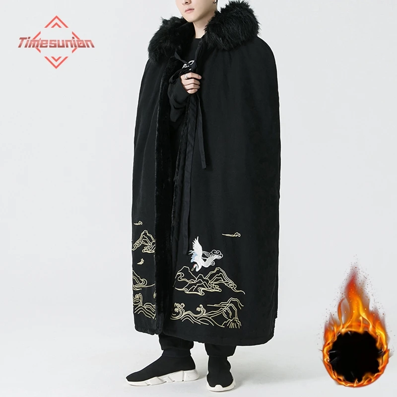 

Men's Winter Warm Hanfu Cloak Chinese Embroidered Golden Fox Black Wool Long Cape Christmas Costume for Women
