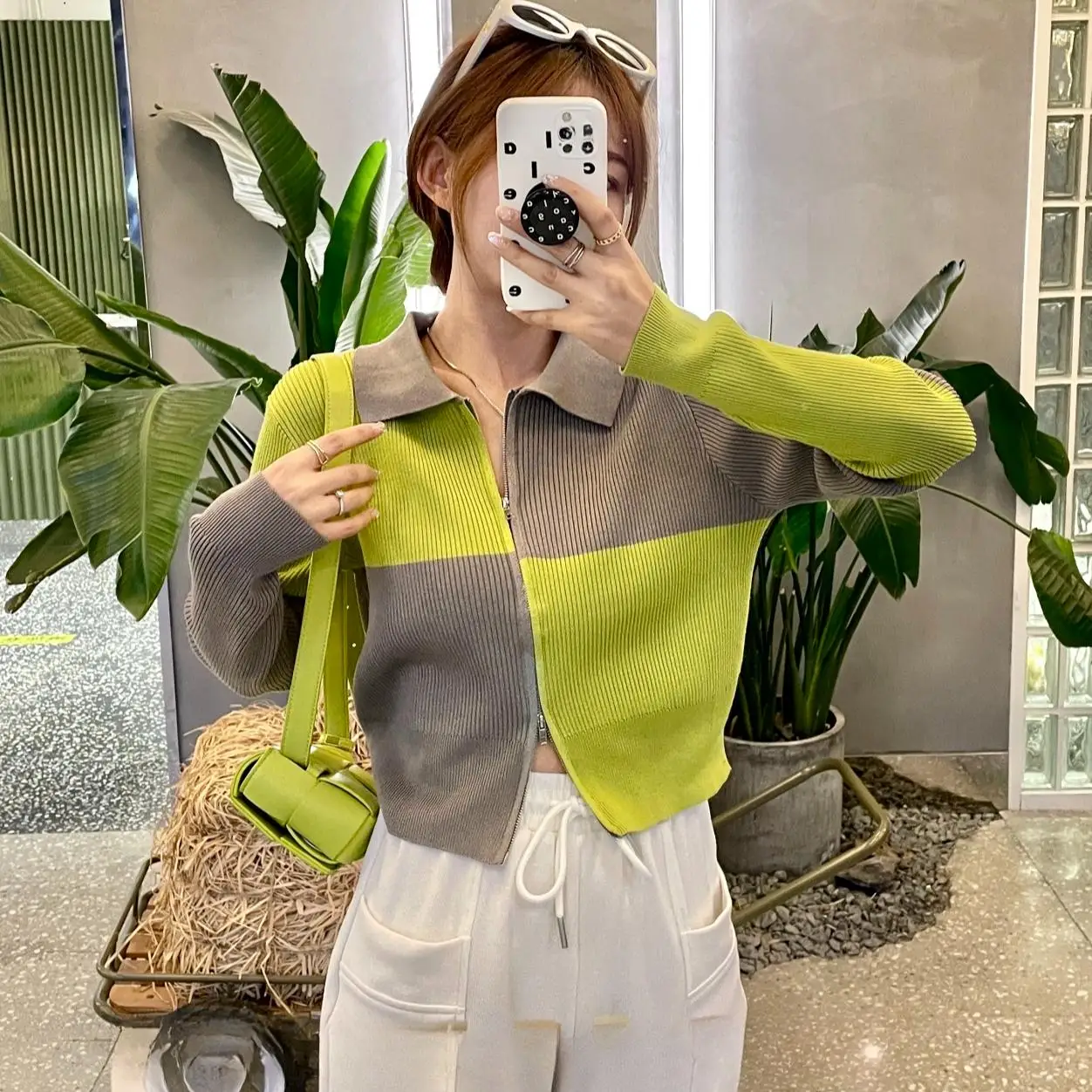 Spring Women's Polo Collar Knitted Cardigan Autumn Slim Short Double-Headed Long-Sleeve Color Blocking Zipper Tops Short Coats