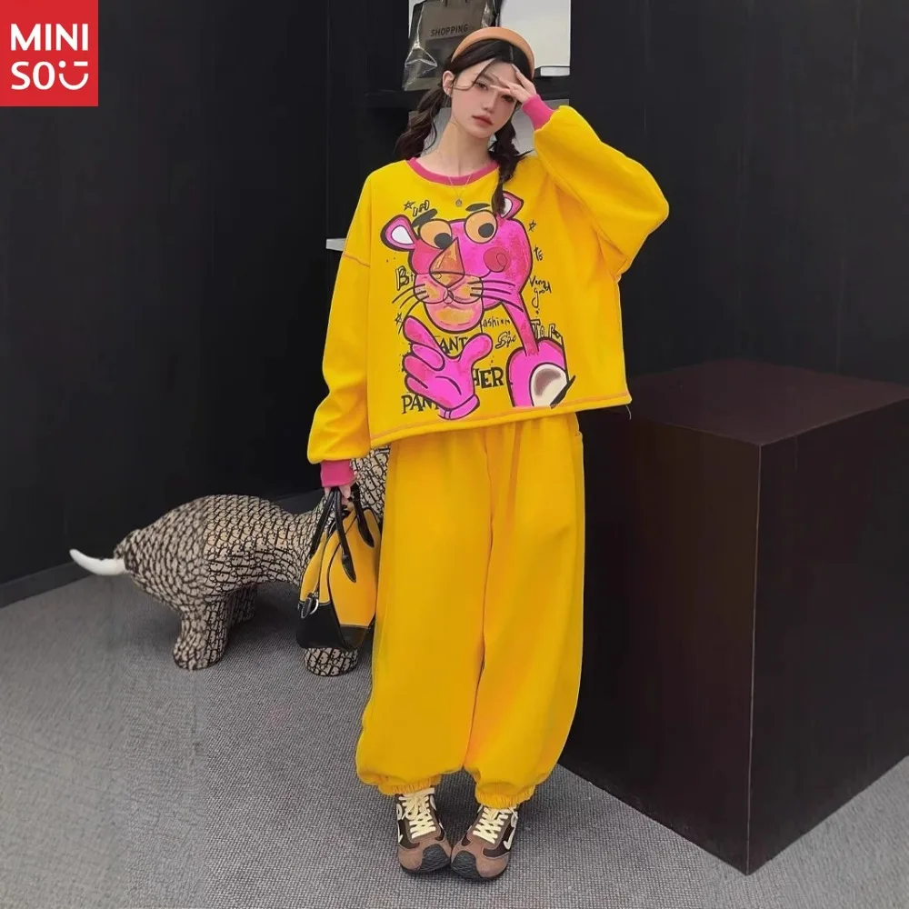 Set da due pezzi Versione coreana primaverile Abito di grandi dimensioni Moda casual Riduzione dell'età Pantaloni sportivi maglione modello leopardo simpatico cartone animato