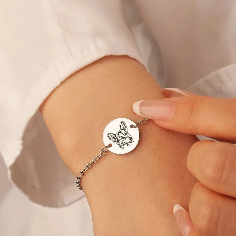 Customized Creative Engraving Pet Portrait Bracelet Men Women Stainless Steel Personalized Cat Dog Photo Pet Owner Gift Jewelry