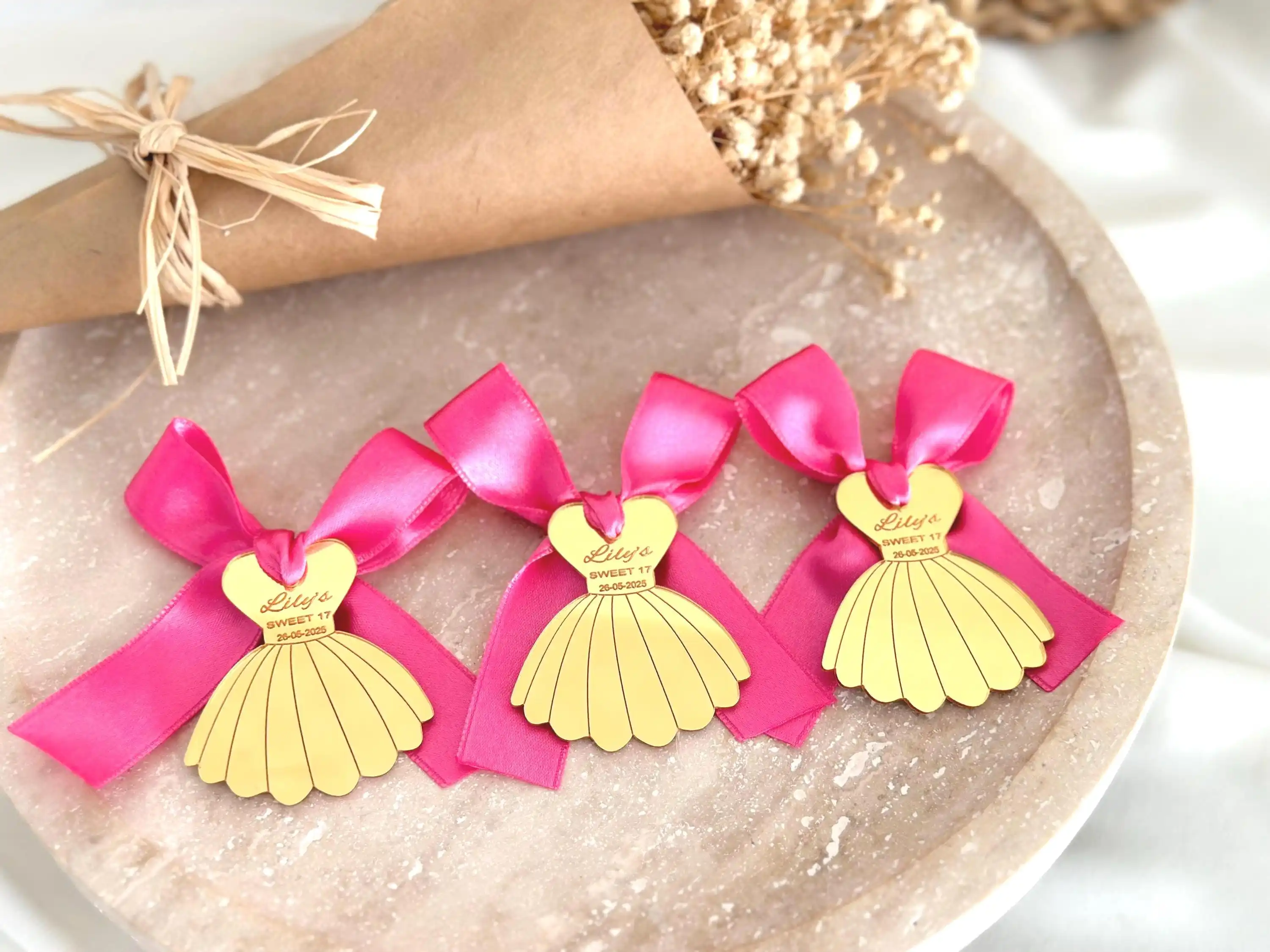 Personalized Acrylic Dress Party Favors with Bow - Custom Engraved Name & Date Keepsake for Sweet 16, Quinceanera, Favor