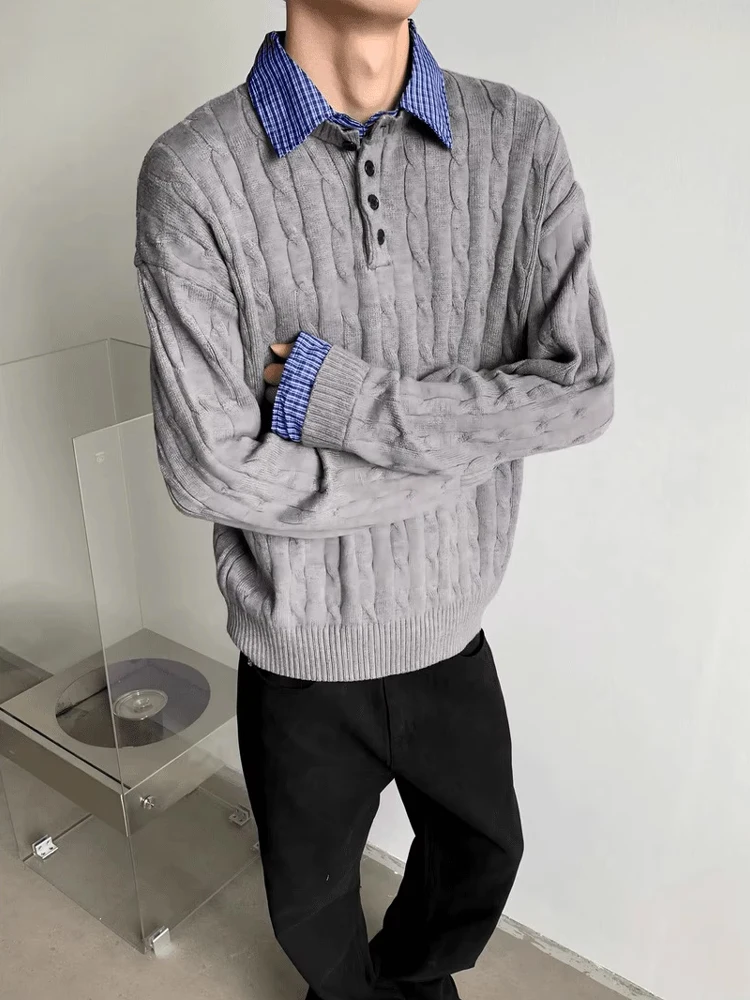 Bla Knitted Long Sve Sweater Men's Sle Lazy  Coat Autumn Winter High End Feeling Fake Two-Piece Design Button Closure