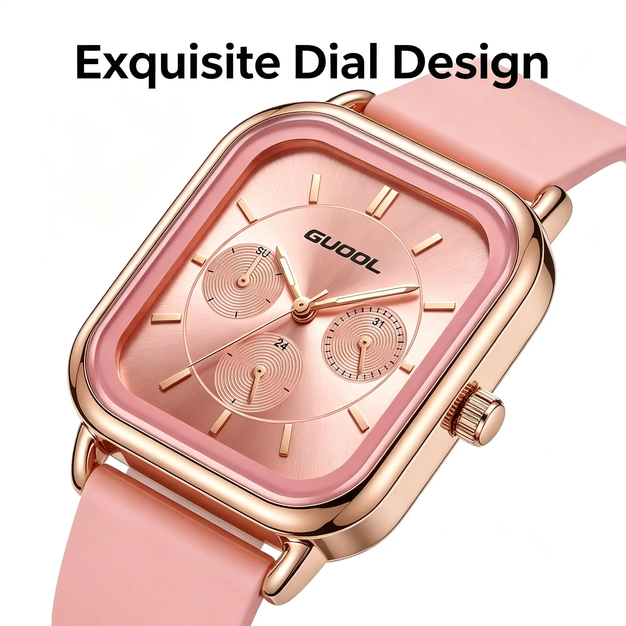 GUOOL Women Square Quartz Watch Rose Gold Case Multi Eyes Decor Dial Soft Silicone Strap 4 Colors Available Elegant Ladies Wrist