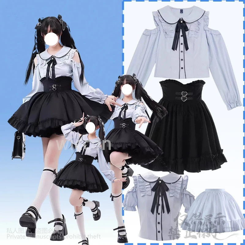 

Anime Misamisa Jirai Kei Girls Japanese Girly Fashion Cosplay Lolita Sweet Bow Off Shoulder Kawaii Shirt Ruffles Cute Halloween