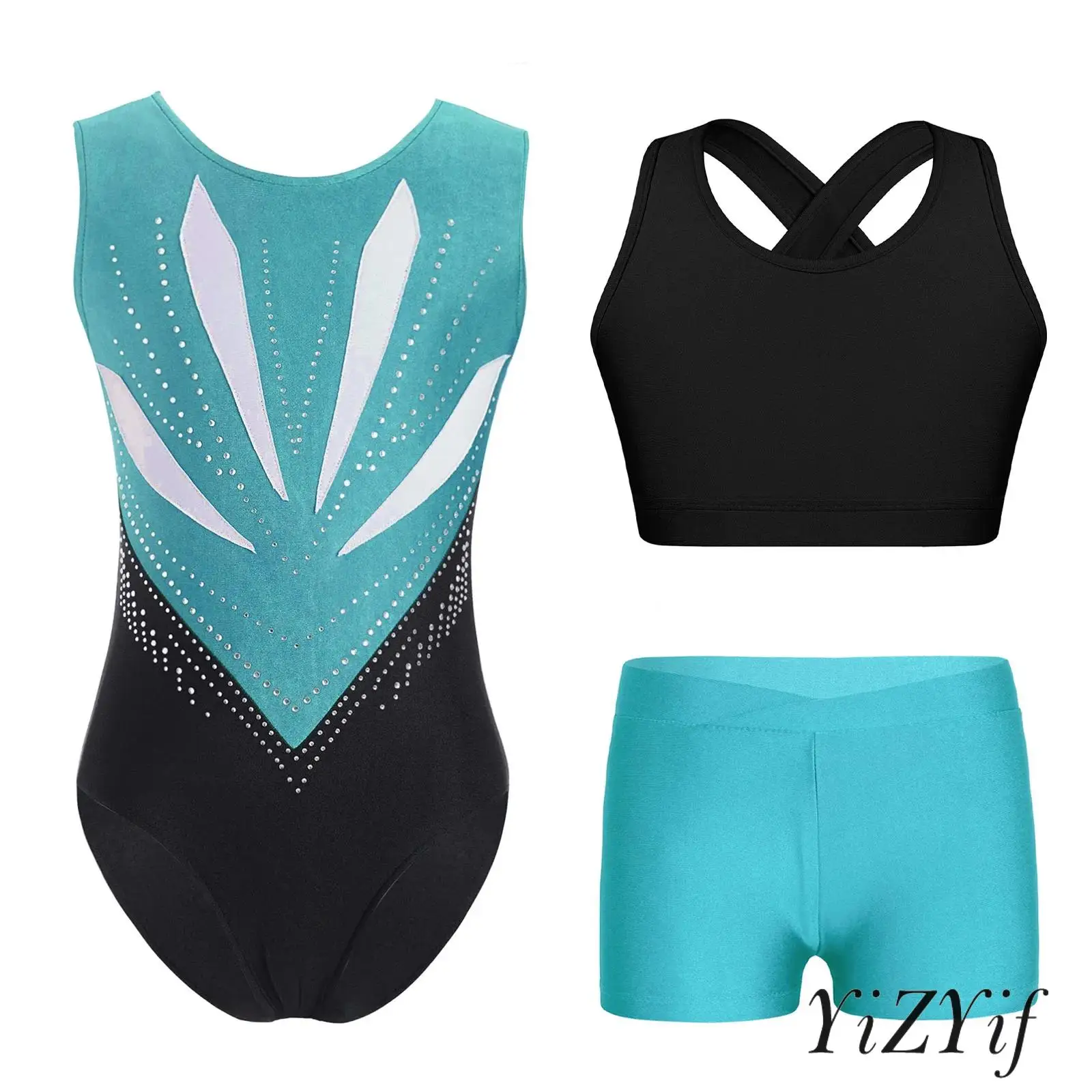 

Kids Girls Gymnastics Dance Outfit Color Block Ballet Leotard with Cross Back Vest And Shorts for Yoga Dance Practice Training