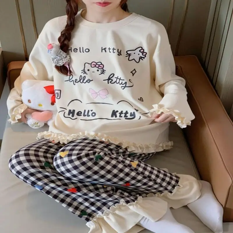 

Новый теплый флисовый пижамный комплект Kawaii Sanrio Hello Kitty для женщин: осенне-зимняя домашняя одежда в клетку, очень толстая и милая