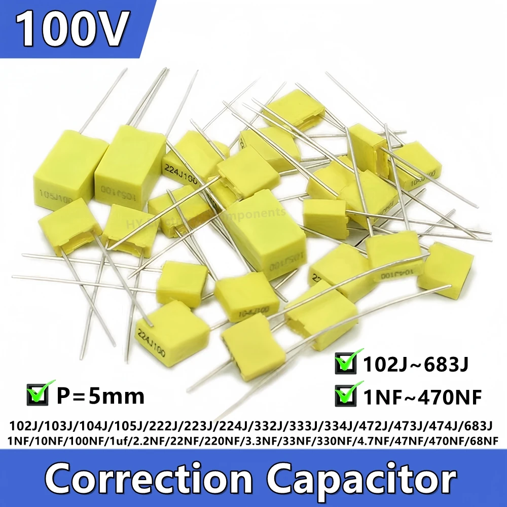 20pcs Polypropylene Safety Plastic Film 100V 1nF ~ 470nF 100nf 220nf 10nf 474 22nf 105 J 0.47uf 0.1uf 330nf Correction capacitor