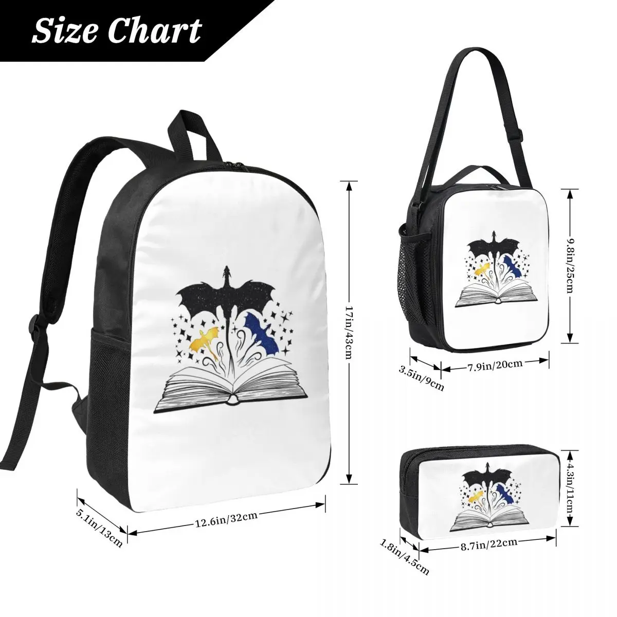 Fourth Wing And Iron Flame Dragons Book Backpack BookBag School Bag Computer Shoulder Bags 3ps Insulated Lunch Bag Pencil Case