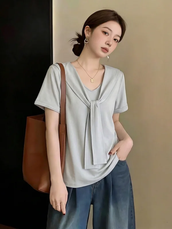 Summer New Style Women's T-shirt Naval Collar Bow Tie Short Sleeve V-neck Loose Fit Commute Fashion plus Size Younglooking Top