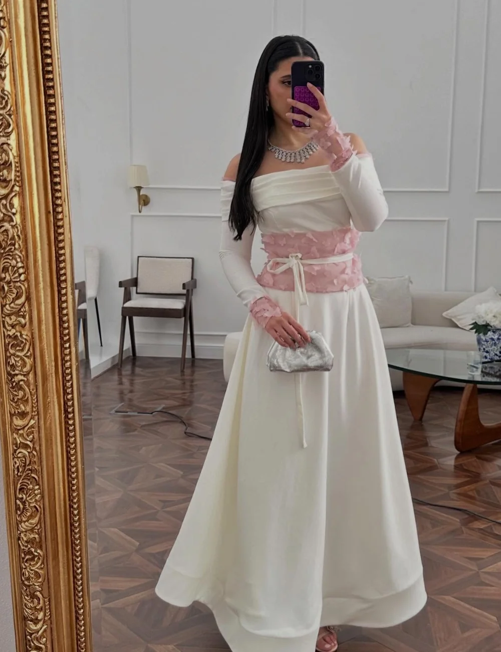 

Customized Beige Exquisite Pastrol Jersey Flower Draped Pleat A-line Off-the-shoulder Ankle Length Evening Dresses Fashion Sexy