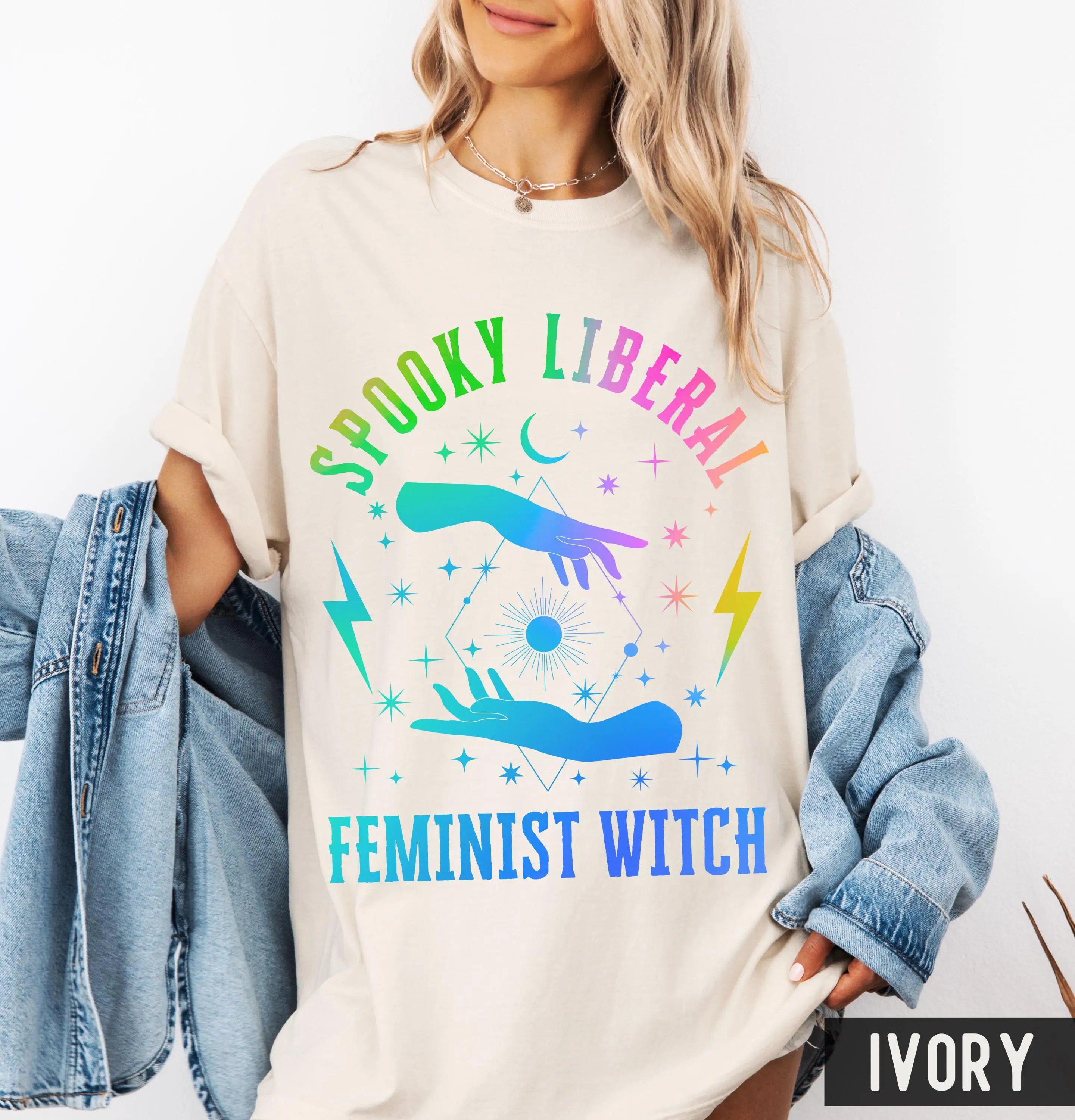 Gradient 'Spooky Liberal Feminist Witch' Tee : Colorful Democrat Halloween Shirt