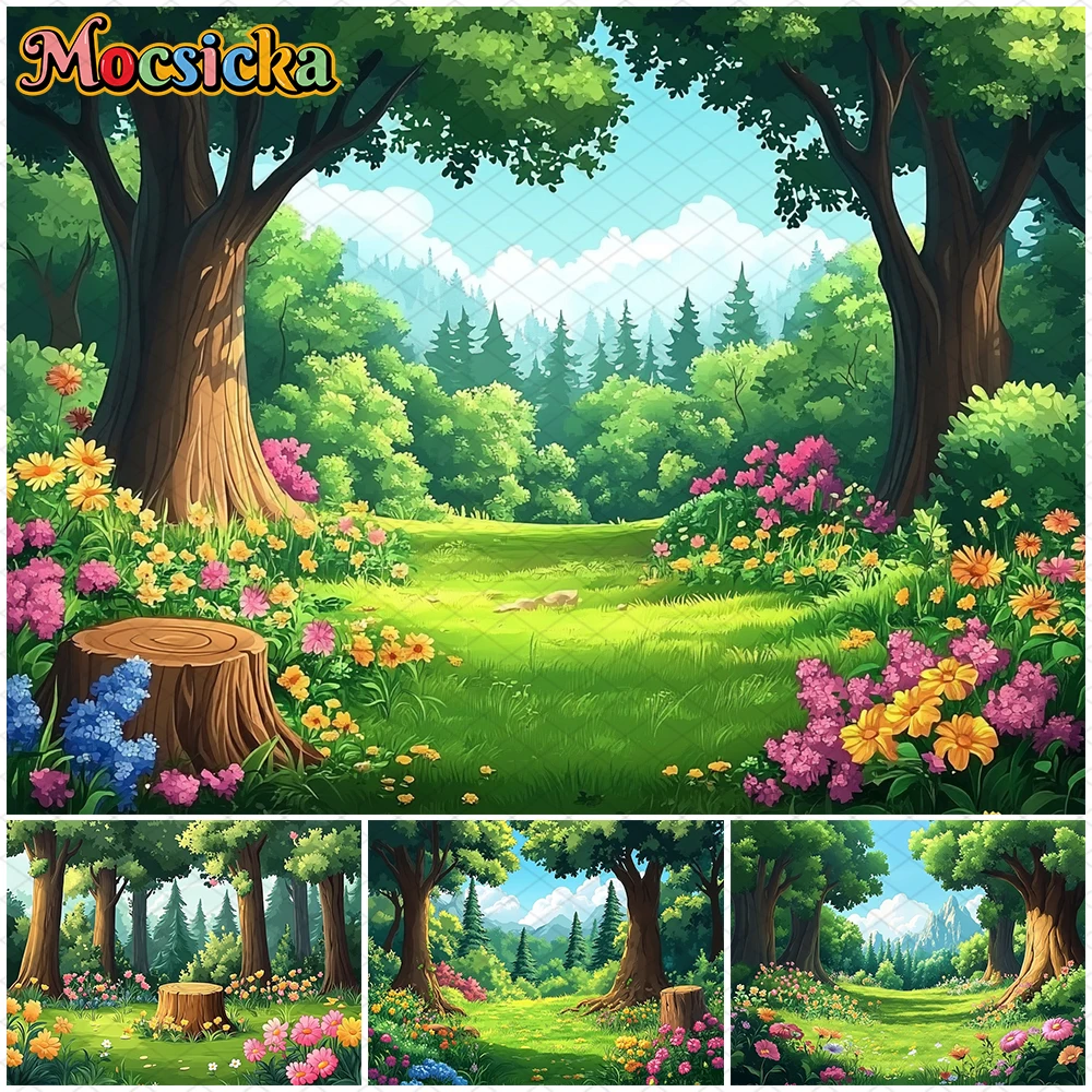 Mocsicka Spring Photography Background Baby Shower Birthday Party Backdrop Forest Flowers Green Grassland Pattern Studio Banner