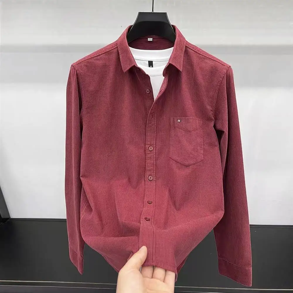 

Мужская вельветовая рубашка с длинным рукавом, повседневная, для свадьбы, для шафера, деловая, универсальная, приталенного кроя, с дизайнерскими элементами