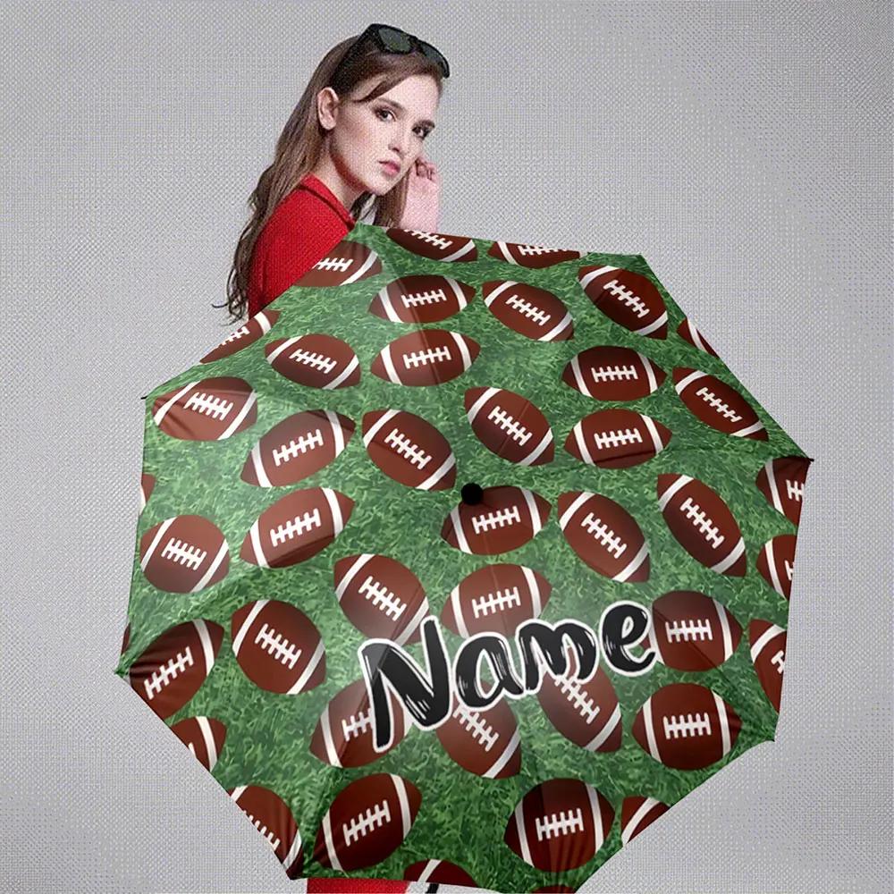 Custom Name Umbrella Football Pattern Umbrella with Green Grass Design Portable Folding Umbrella,Christmas Gift