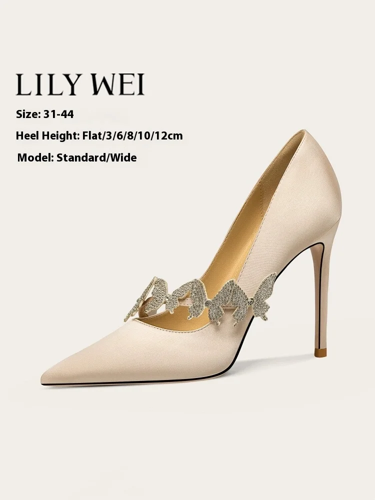 

Spring new silk rhinestone butterfly flat shoes fine high-heeled waterproof platform banquet large size small size women's shoes