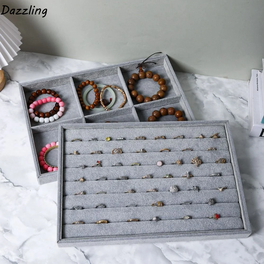 

Деревянный бархатный лоток для украшений большой вместимости: подставка для демонстрации ожерелий, модный футляр для колец и серег, поднос для продавцов ювелирных изделий