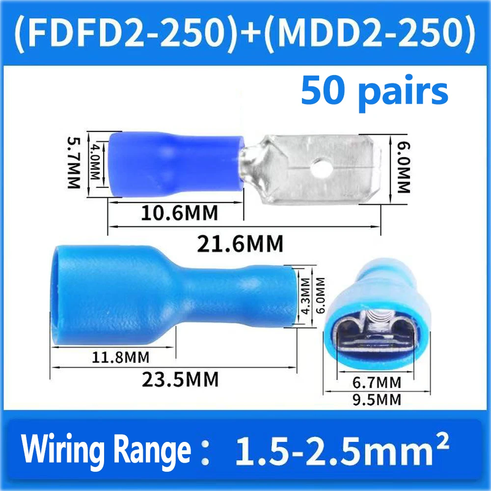 100pcs 50pairs Female Male Electrical Wiring Connector Insulated Crimp Terminal Spade Blue for Wire Cable Crimping Kit view 3