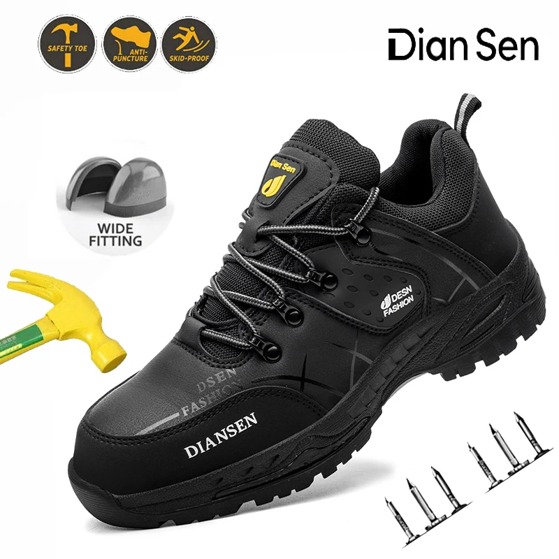 Men‘s Safety Shoes with Steel Toe Comfortable Black Work Boots Water Resistant Sneakers Puncture Proof Anti-smash Work Sneakers