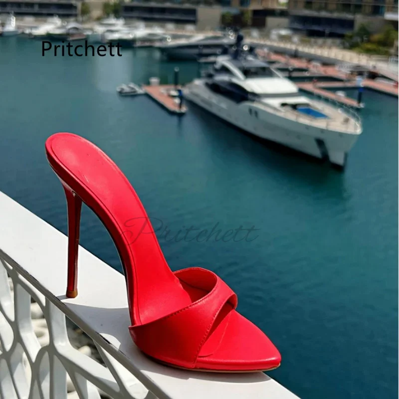 Solid Pointed Toe High Heels Women \'s Slippers Red Green Leather Sandals Summer Shoes Open Toe Catwalk Party Stiletto Shoes