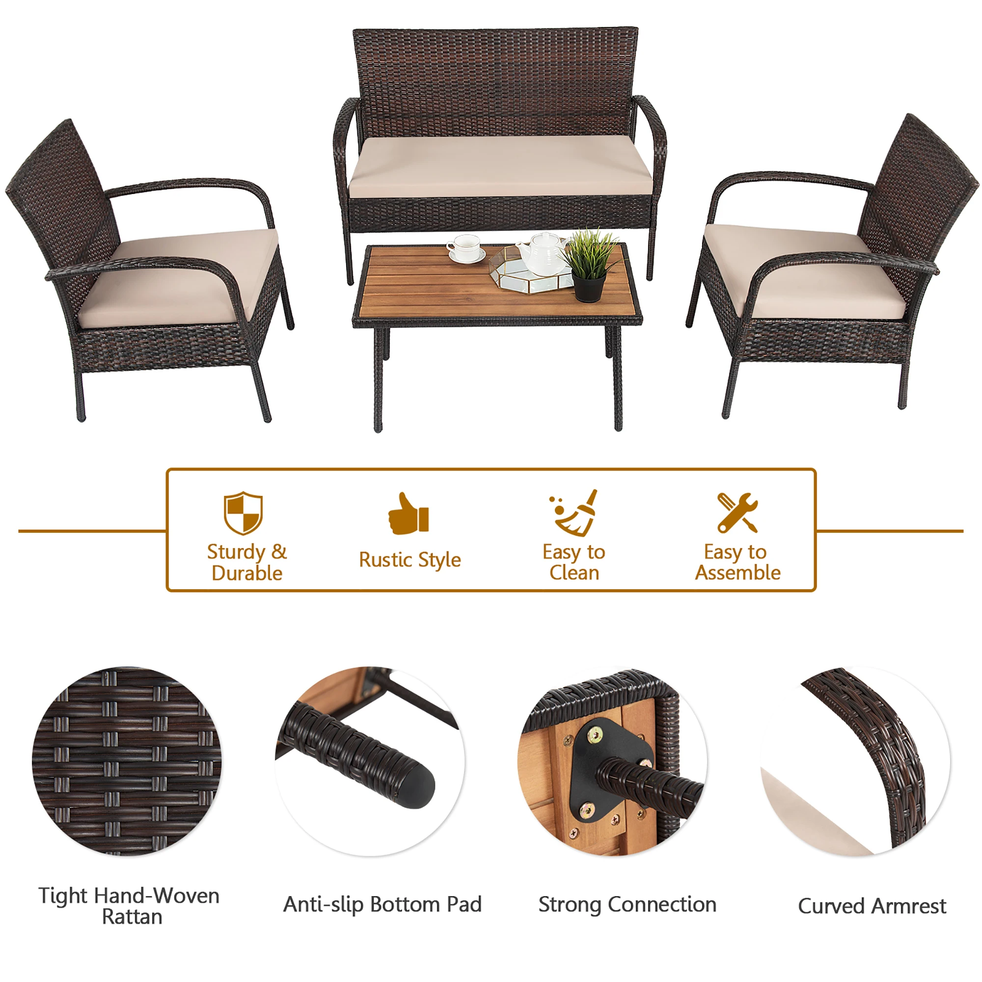 4PCS Patio Rattan Furniture Set Outdoor Conversation Set Coffee Table w/Cushions