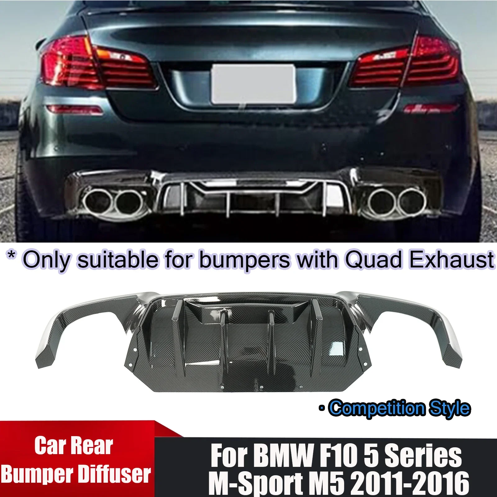 

For BMW F10 5 Series M-Sport M5 2011-2016 Quad Exhaust Car Rear Bumper Diffuser Competition Style Glossy Black Accessories