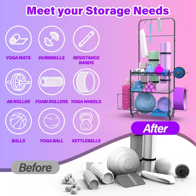 組み立て簡単なホームジム用メタルオーガナイザー、ホイールとフック付き、ヨガマット、バスケットボールオーガナイザー