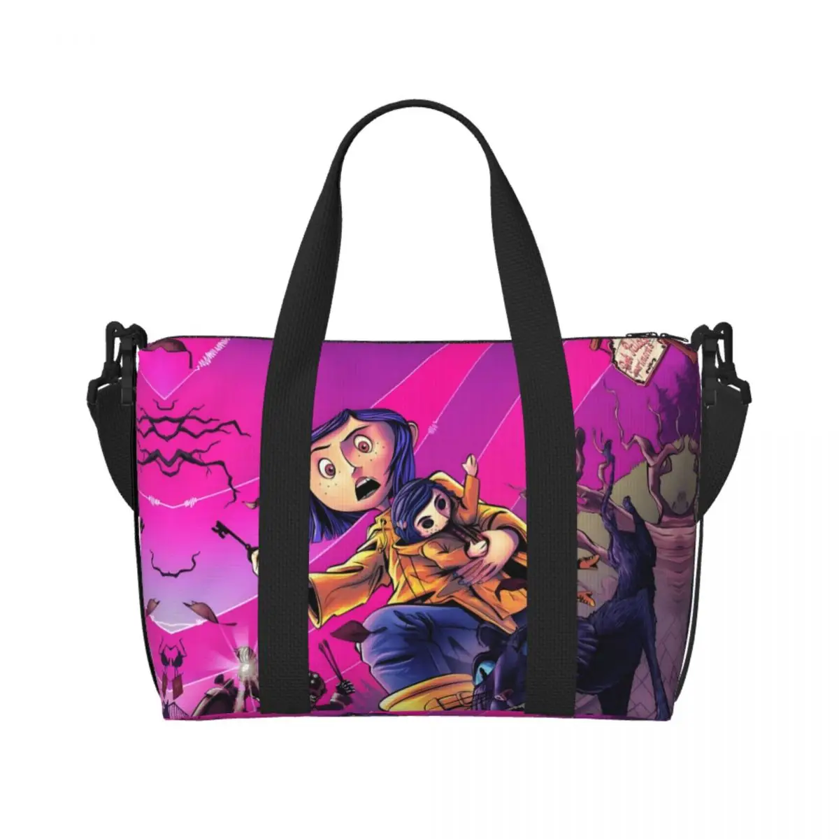 

Custom Coraline Twitchy Witchy Girl Tote Bag Women Large Capacity Scary Movie Cartoon Beach Gym Shoulder Travel Bag