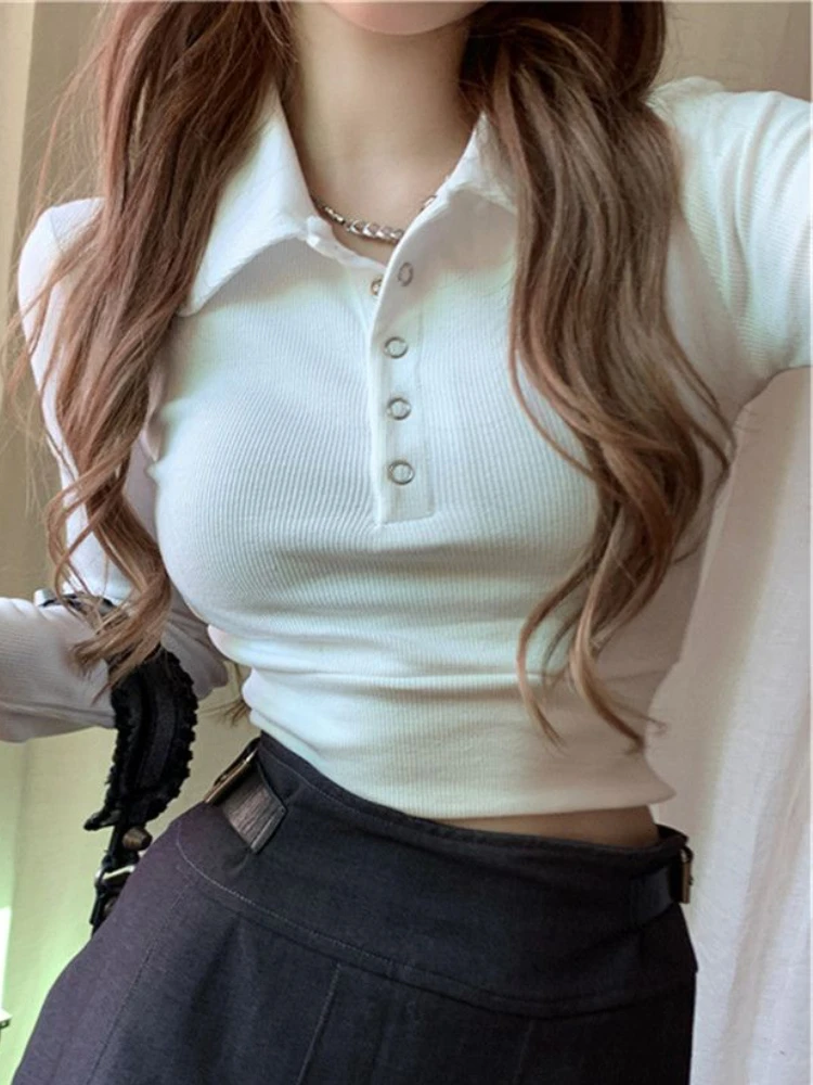 T-shirts Women Simple All-match Slim Design Fashion Elegant Long Sleeve Leisure Spring Tender Korean Style Turn-down Collar Tops