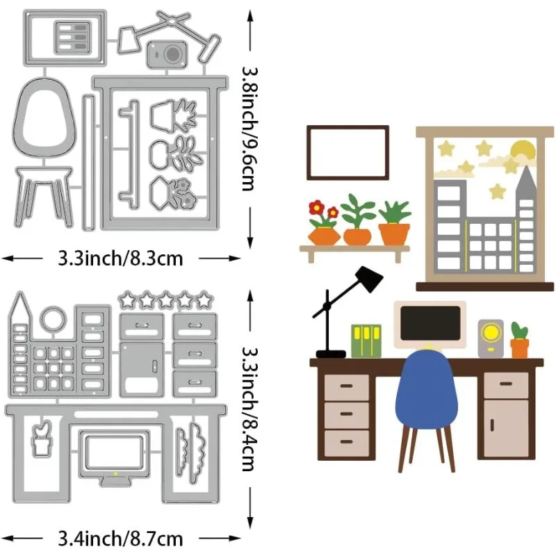 2pcs Office Scene Cutting Dies Desk Window Chair Embossing Stencils Die Cuts Template for Paper Card Making Decoration DIY