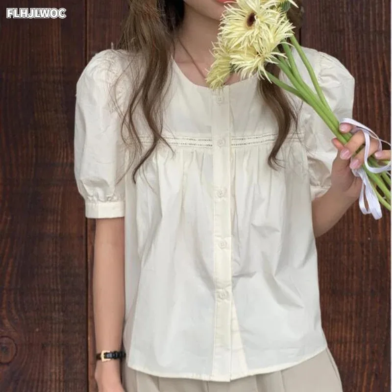 New Cute Chic Doll Design Fold Tops Hot Women Summer 2025 Chic Korea Japan Style Retro Vintage Solid Girls Short Shirt Blouses
