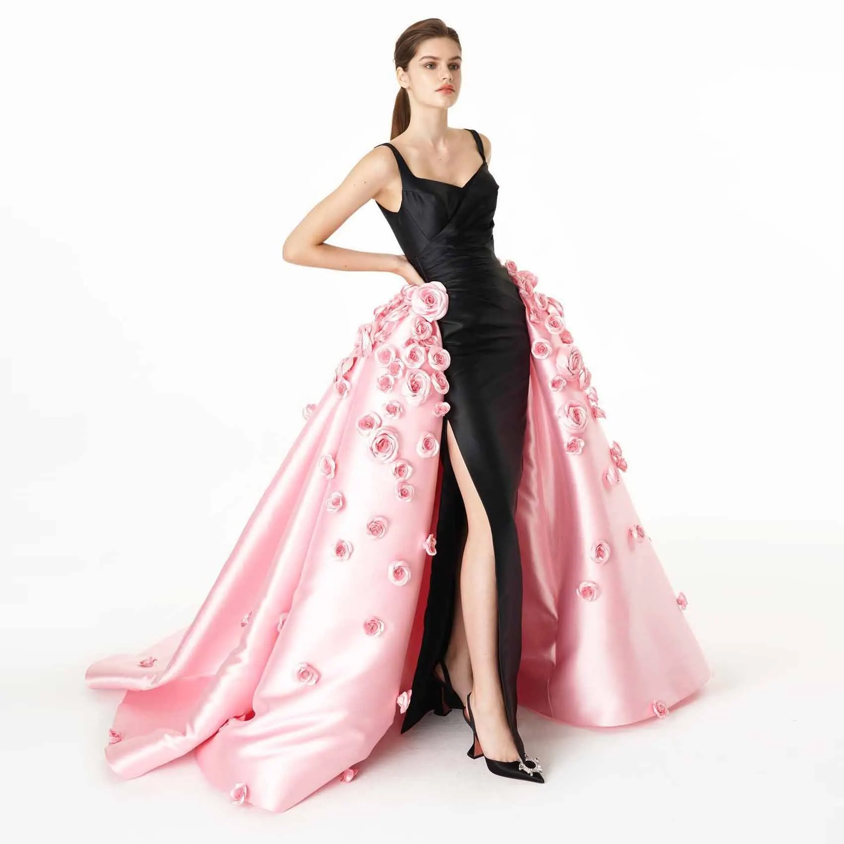 Chic Black and Pink Formal Party Dresses with 3D Floral Elegant Overskirt Long Prom Gown with Detachable Train Women Event Dress