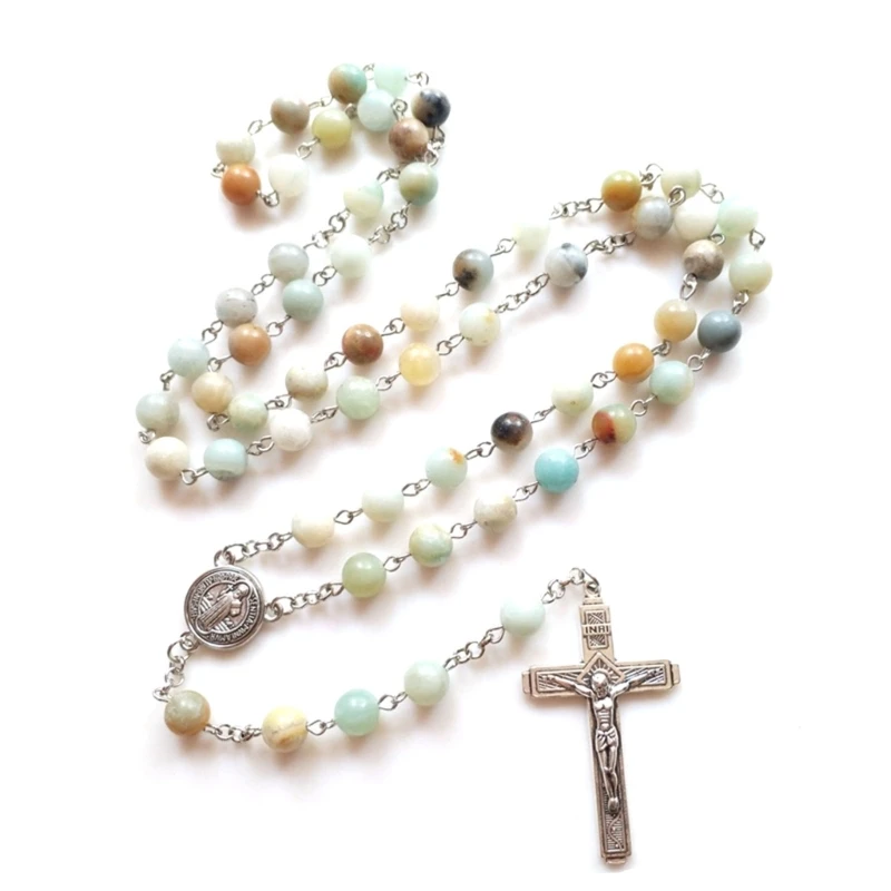 Natural Stone Beads Catholic Rosary Necklace Crucifix Cross Pendant Sweater Chain Necklaces Women Religious Jewelry Gift