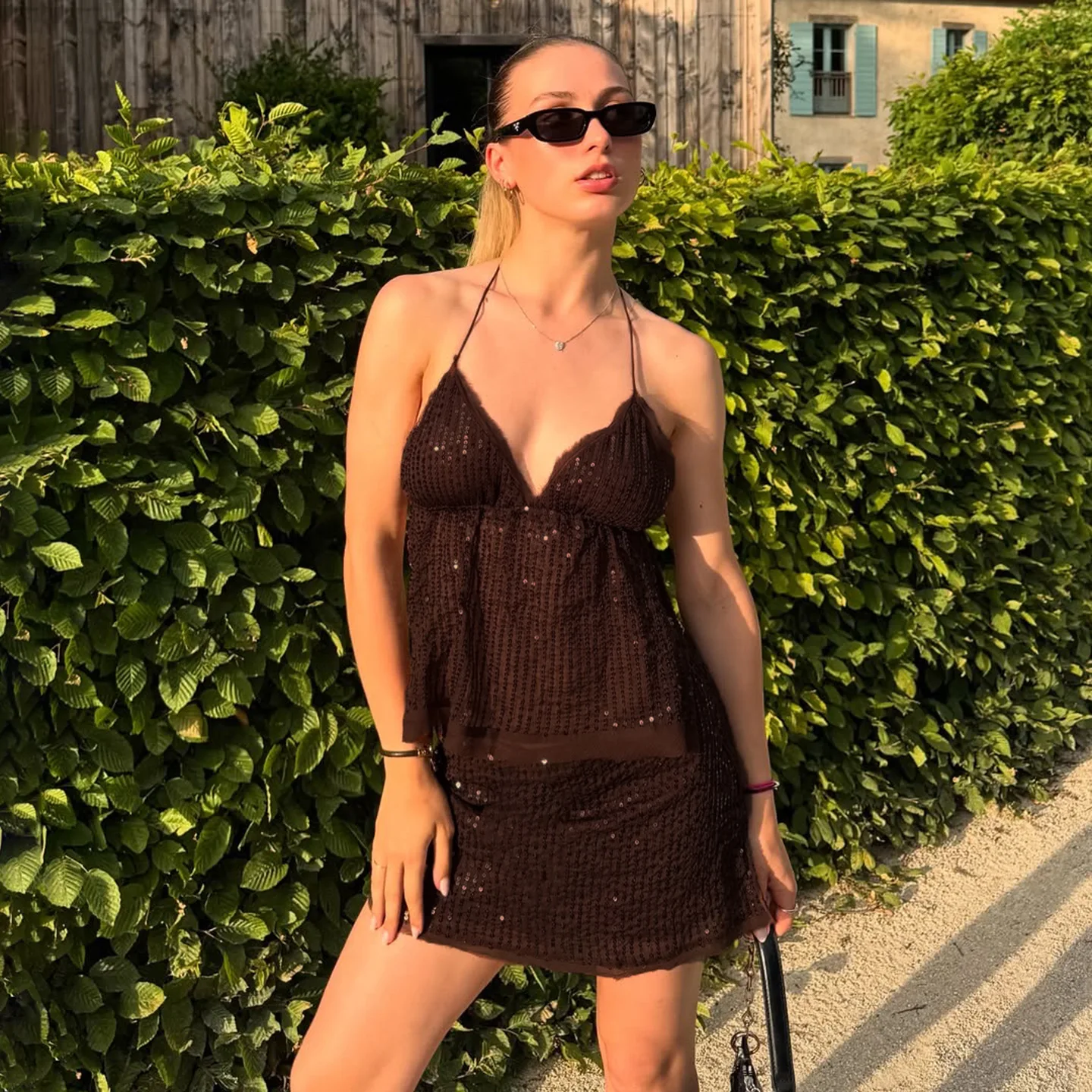 

Sexy Retro Sle Beaded Ne Hanging Vest Women Bal V-Ne Slimming Strap Thin Knitted Tube Top for Women