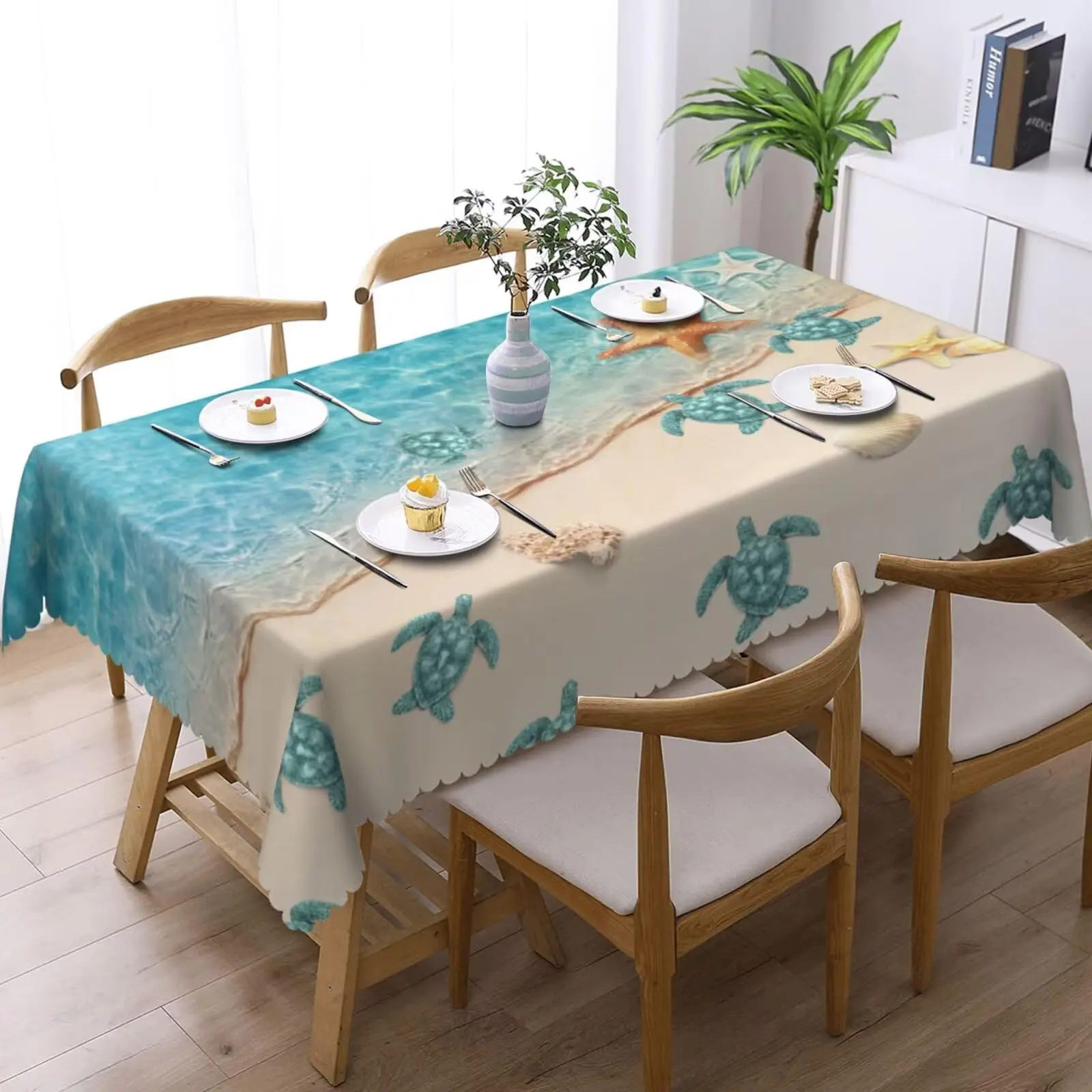 Beach Shell Rectangle Tablecloth  Beach Theme Table Cover Coastal Starfish Tablecloths Seashell Turtle Table Cloth for Outdoor