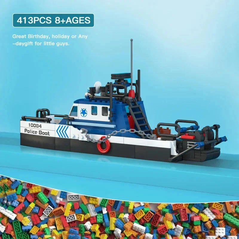 MOULD KING 413PCS Multi Functional Police Boat Building Blocks Model Ship Law Enforcement Vessel Bricks Toy for Kids Adults Gift