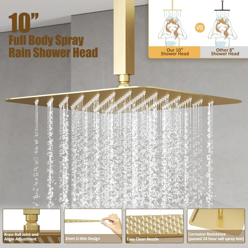 Gold Shower Faucet Set, Ceiling 10 Inches Rain Shower Head with Handheld Combo Set, High Pressure Rainfall Shower Head System