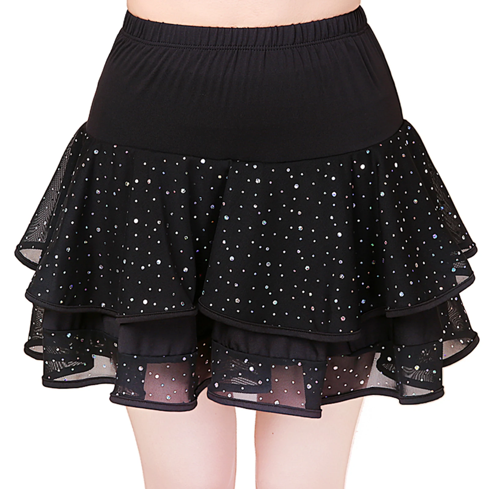 

Women Latin Jazz Spanish Dance Skirts Shiny Sequin High Waist Tiered Ruffled Hem Lotus Swing Dance Skirt for Chacha Salsa