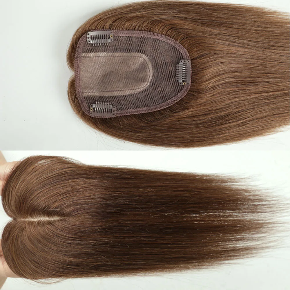 10/12/14in Ciemnobrązowe nakładki na włosy ludzkie z grzywką 100% ludzki włos Remy dla kobiet Thining Hair Silk Base Clip in Topper