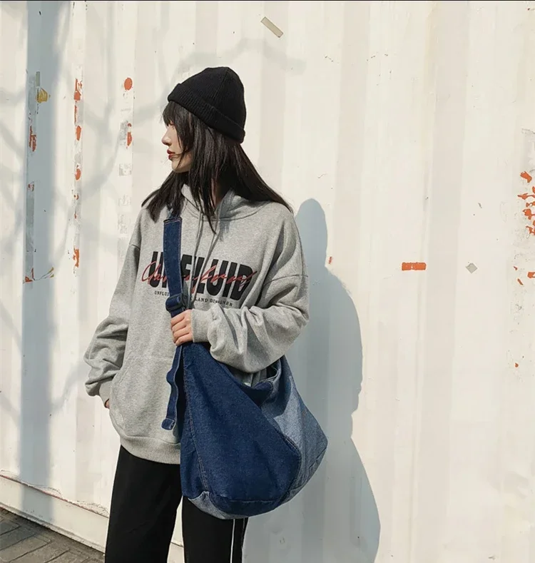 Teenager Denim Fabric Hobo Handbag Female Patchwork Soft Quality Hip Hop Daily High Street Big Capacity Slouch Shoulder Bag