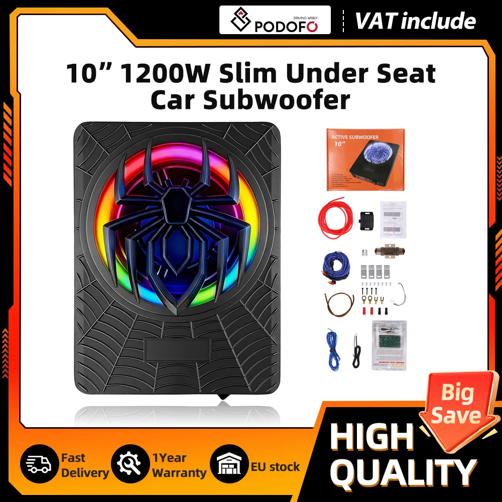 Podofo 10 Zoll 1200W Schlanker Untersitz-Auto-Subwoofer mit Eingebautem Verstärker und Farbiger LED-Ambientebeleuchtung Audio-Kit