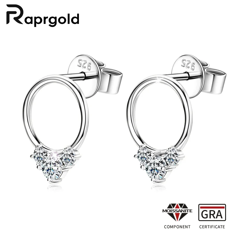 

RAPRGOLD Round Moissanite Circle Stud Earrings for Women Real S925 Sterling Silver Pendientes Delicate Daily Fine Jewelry Gifts