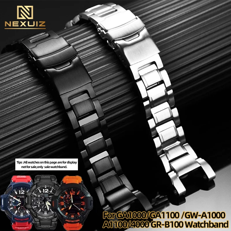 Stainless Steel WatchStrap For Casio GA-1000/1100 GW-A1000/A1100/4000  Steel Watchband With Black Silver Watch Chain