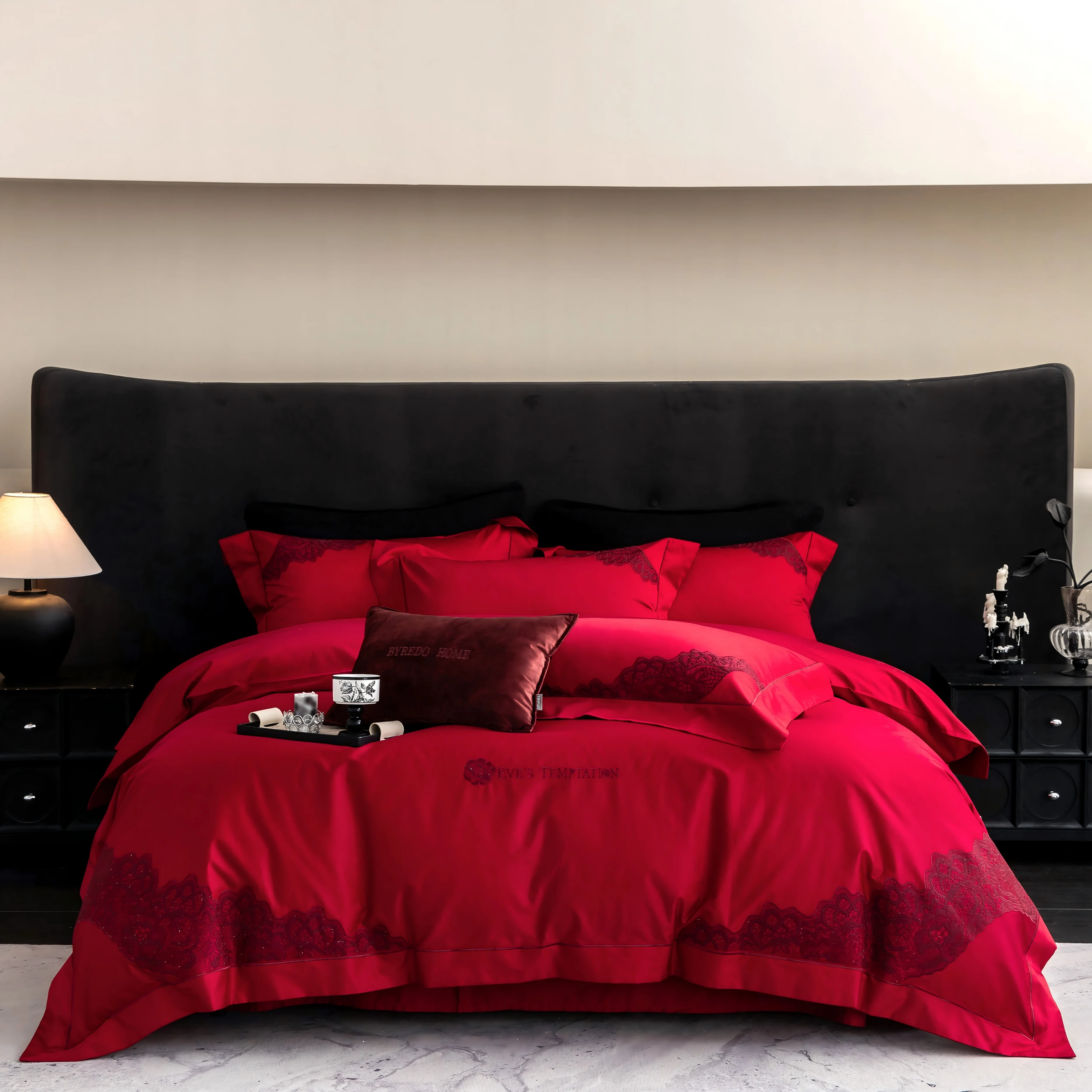 100% Cotton Red Luxury Lace 4Pcs Bedding Set, High-end Duvet Cover Bed Sheet King Queen Full Size 220x240