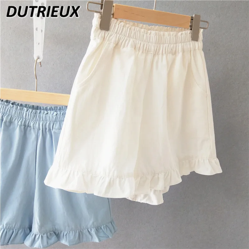 Short en coton et lin pour femme, taille élastique à volants, short Lolita Amincissant, pantalon de sport décontracté pour étudiants, été, nouveau, 2024