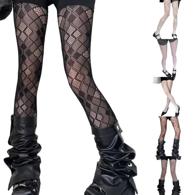Women Sheer Mesh Tights Checkered Pattern See-Through Pantyhose