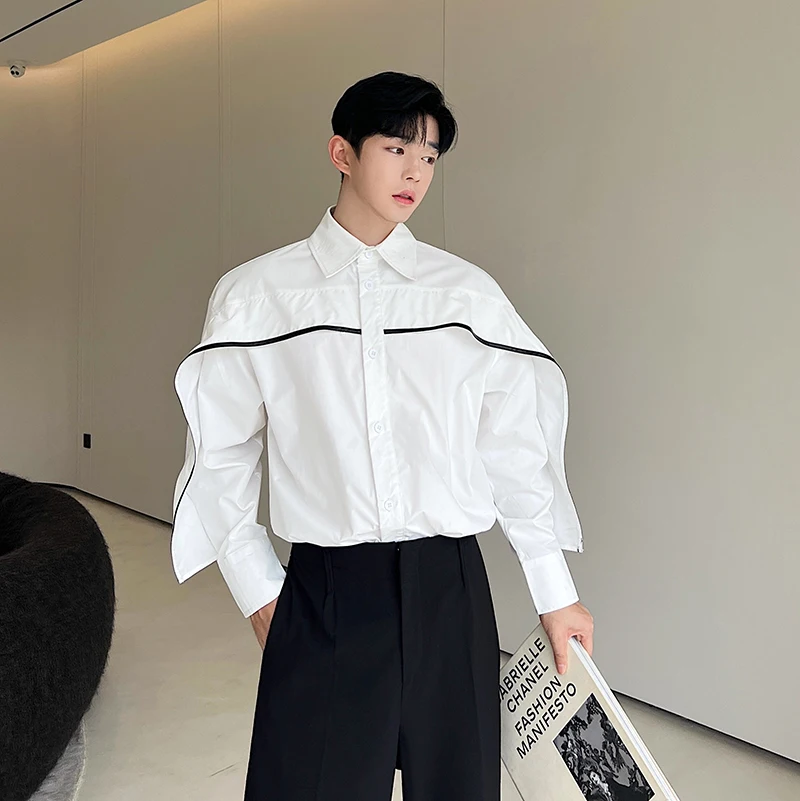 3D Cropping Shirt for Men Korean Streetwear Fashion Show Loose Causal Long Sleeve Vintage Shirts Male Party Shirts Blouses