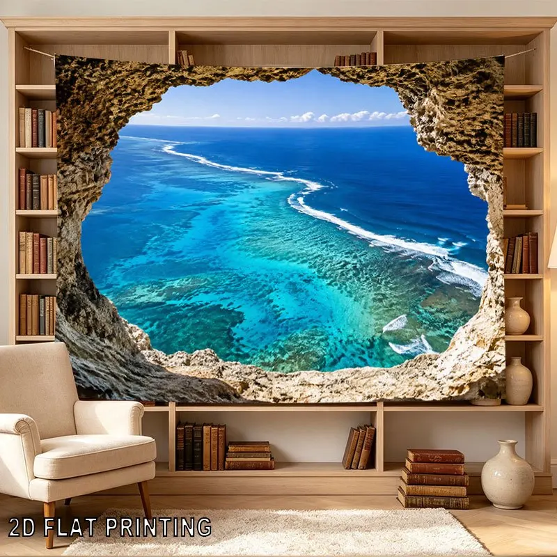 Realistic Tropical Ocean View Tapestry Wall Hanging Sea Cave Coastal Paradise Art Print Polyester Decor for Living Room Bathroom