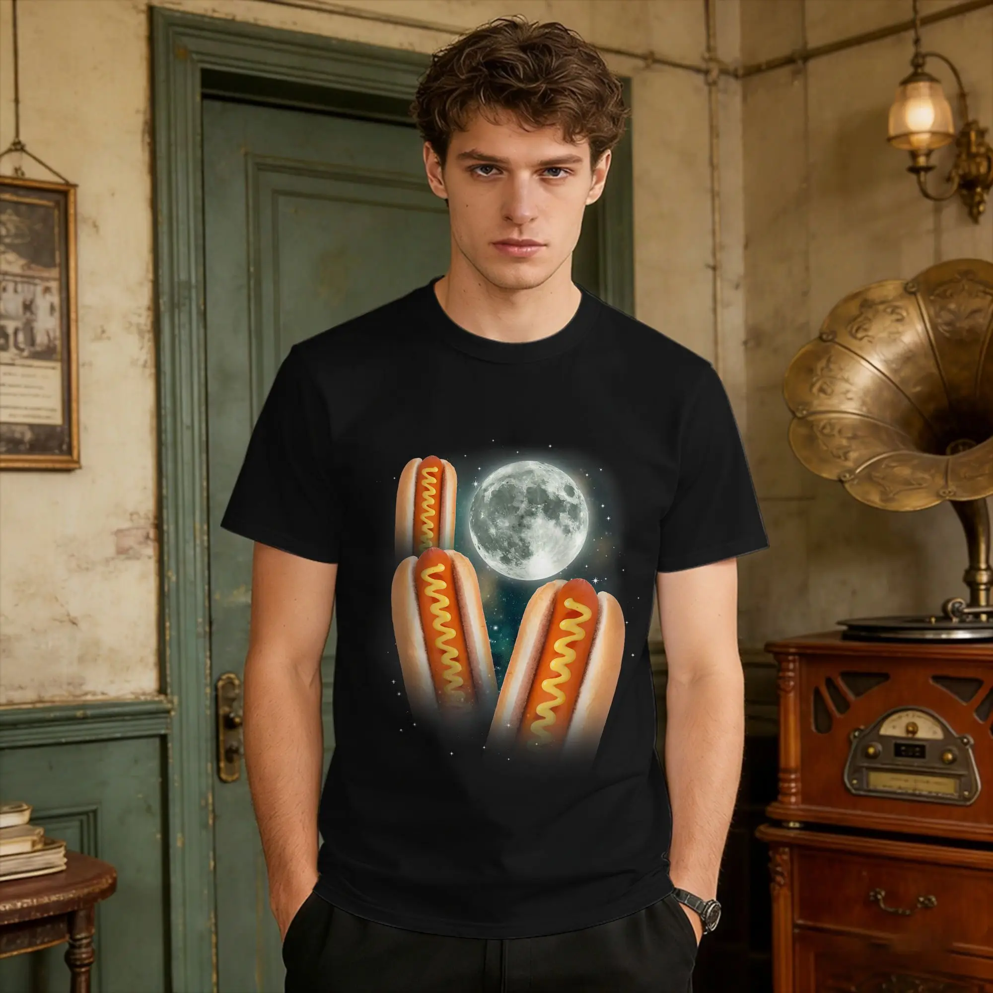 Three Glizzy Moon  T Shirt Summer Howling Hotdogs Cursed Meme Pure Cotton T-Shirt For Men Casual Tshirt Short Sleeve Classic Tee